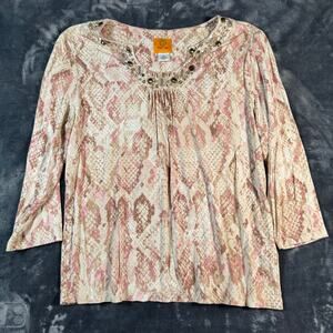 Ruby Rd Pink Beige Snake Print Embellished 3/4 Sleeve Top Medium